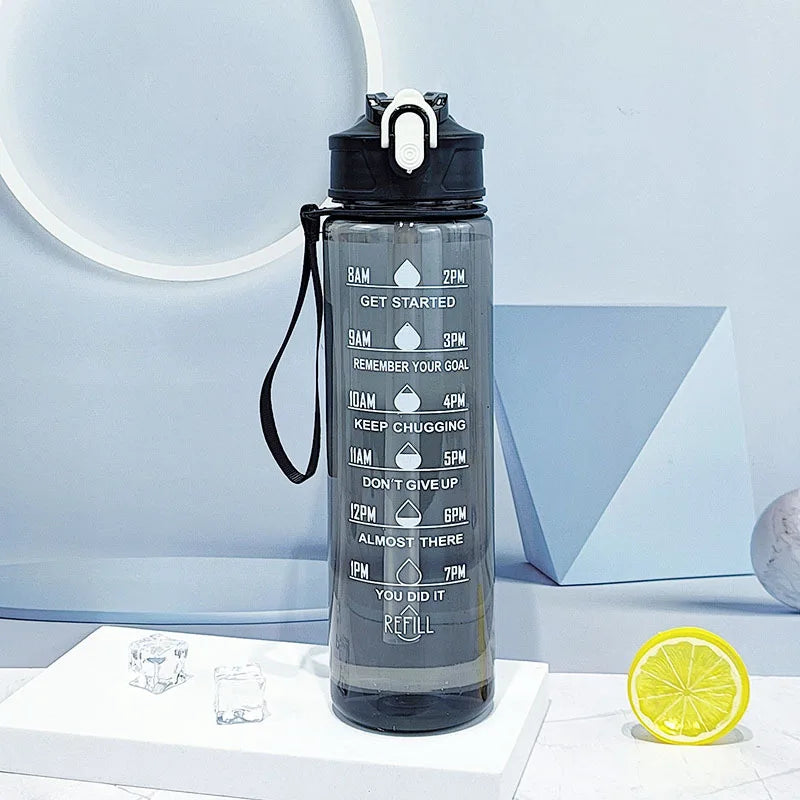 Motivational Time-Marked Sports Water Bottle – BPA-Free, Leak-Proof & Portable with Straw Lid