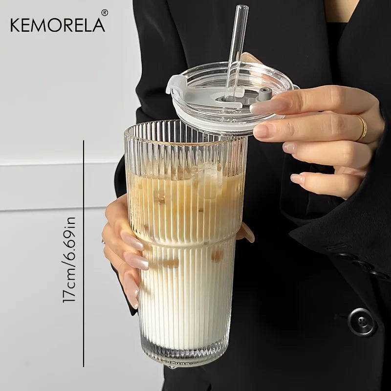 Stripe Glass Coffee Cup With Lid and Without Cover Straw Transparent