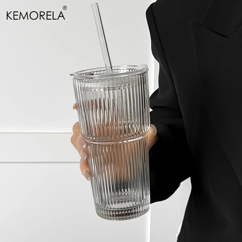 Stripe Glass Coffee Cup With Lid and Without Cover Straw Transparent