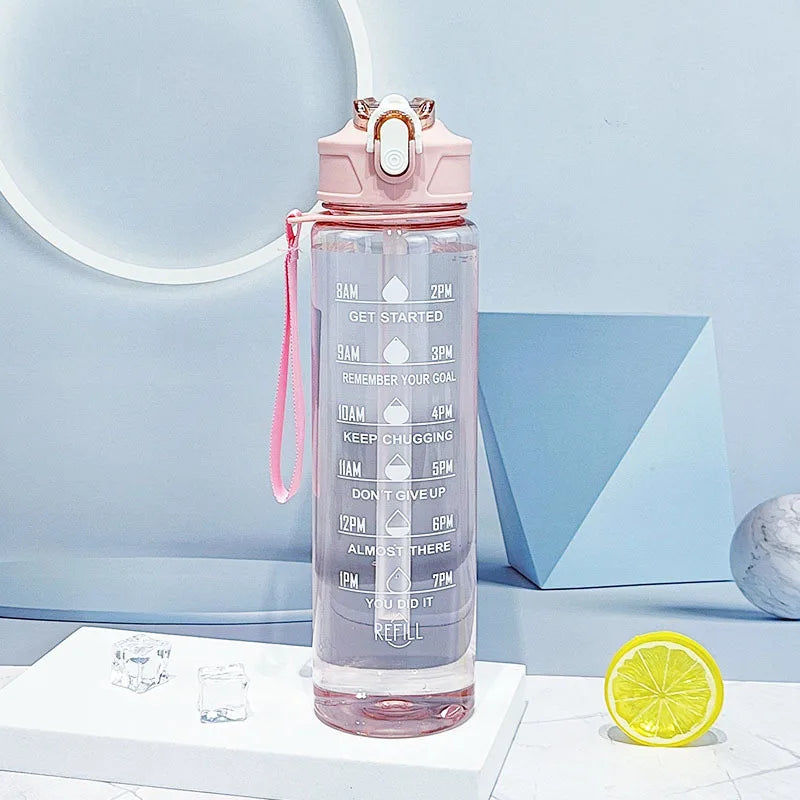 Motivational Time-Marked Sports Water Bottle – BPA-Free, Leak-Proof & Portable with Straw Lid