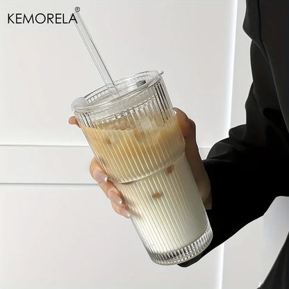 Stripe Glass Coffee Cup With Lid and Without Cover Straw Transparent