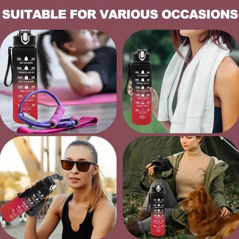 Motivational Time-Marked Sports Water Bottle – BPA-Free, Leak-Proof & Portable with Straw Lid