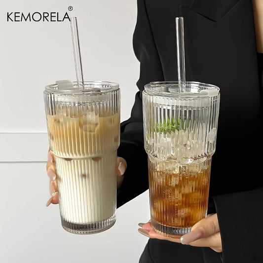 Stripe Glass Coffee Cup With Lid and Without Cover Straw Transparent