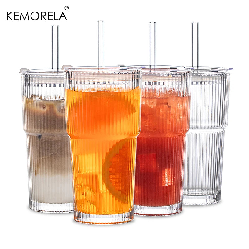 Stripe Glass Coffee Cup With Lid and Without Cover Straw Transparent