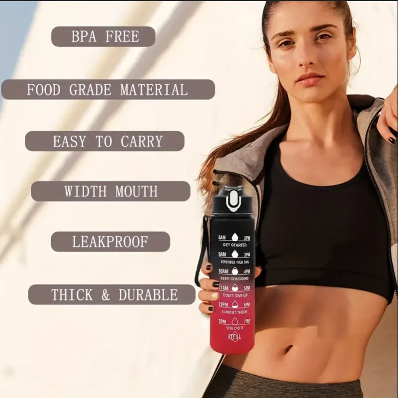 Motivational Time-Marked Sports Water Bottle – BPA-Free, Leak-Proof & Portable with Straw Lid