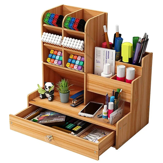 Wooden Desk Organiser DIY Desktop Tidy Pen Holder Large Capacity Stationery