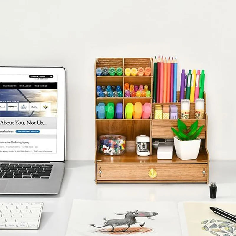 Wooden Desk Organiser DIY Desktop Tidy Pen Holder Large Capacity Stationery