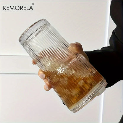 Stripe Glass Coffee Cup With Lid and Without Cover Straw Transparent