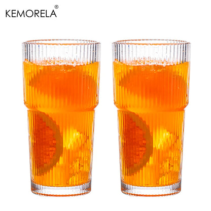 Stripe Glass Coffee Cup With Lid and Without Cover Straw Transparent