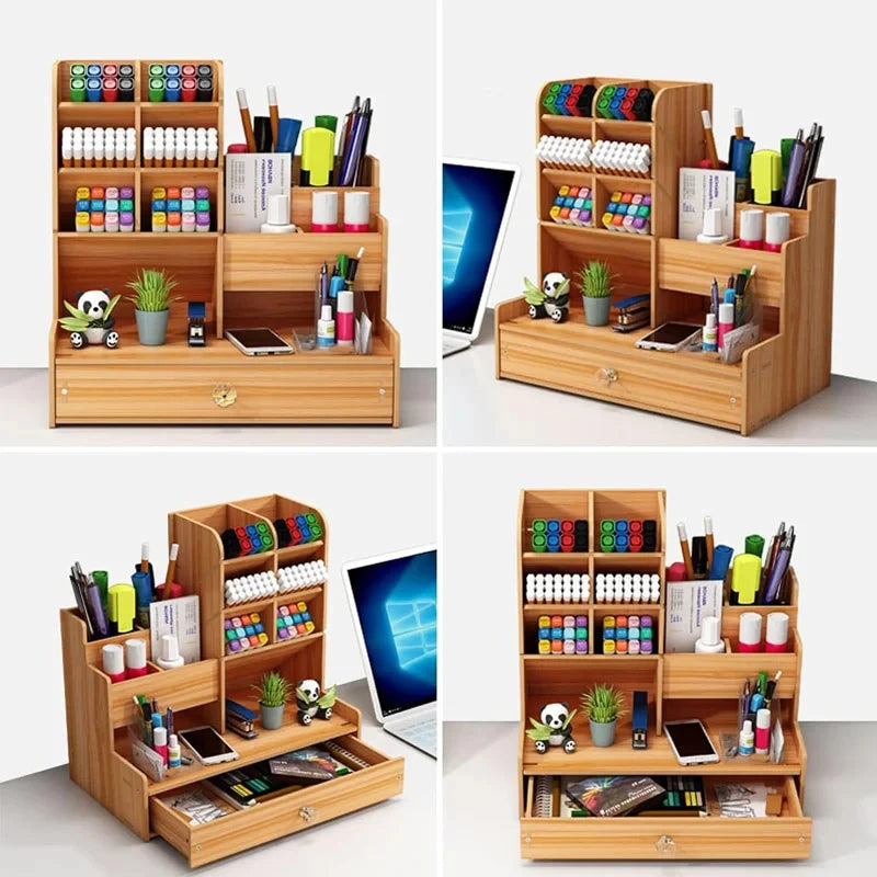 Wooden Desk Organiser DIY Desktop Tidy Pen Holder Large Capacity Stationery