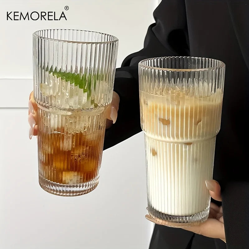 Stripe Glass Coffee Cup With Lid and Without Cover Straw Transparent