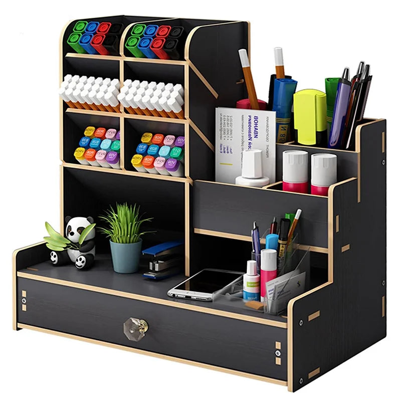 Wooden Desk Organiser DIY Desktop Tidy Pen Holder Large Capacity Stationery