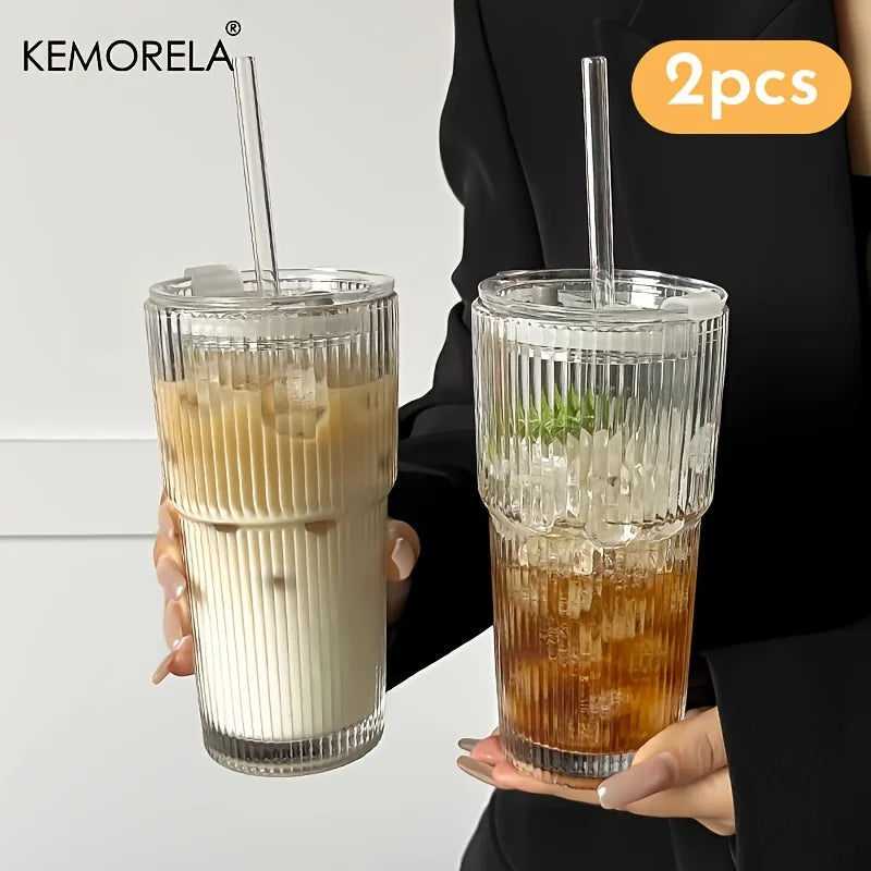 Stripe Glass Coffee Cup With Lid and Without Cover Straw Transparent