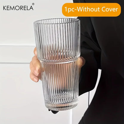 Stripe Glass Coffee Cup With Lid and Without Cover Straw Transparent