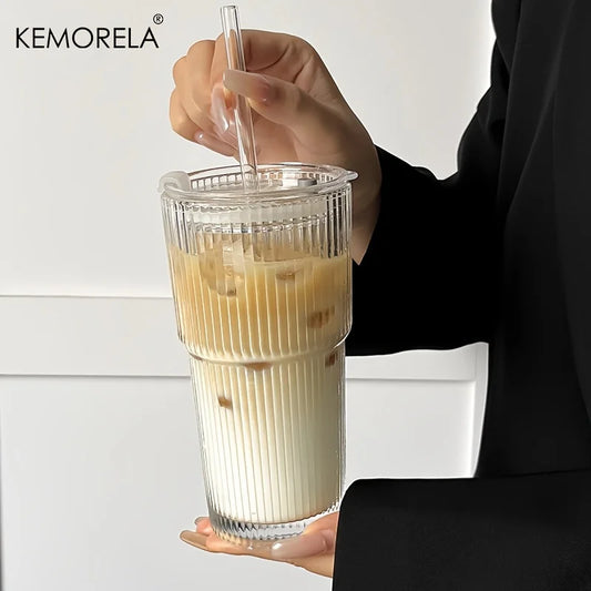 Stripe Glass Coffee Cup With Lid and Without Cover Straw Transparent