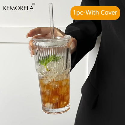 Stripe Glass Coffee Cup With Lid and Without Cover Straw Transparent