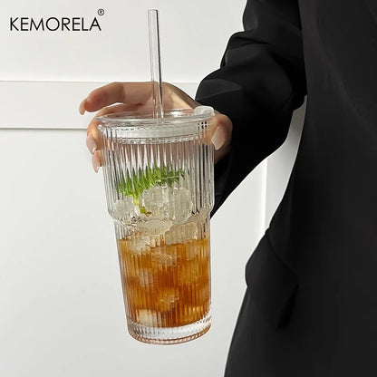Stripe Glass Coffee Cup With Lid and Without Cover Straw Transparent